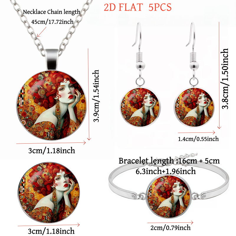 5pcs Art Nouveau Inspired Jewelry Set, Necklace & Earrings